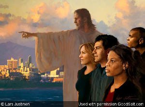 Christ points the way for young men and women all in profile facing left. Symbolic imagery for hope-future-guidance-etc., with shoreline, city, mountains and dramatic sky as backdrop.