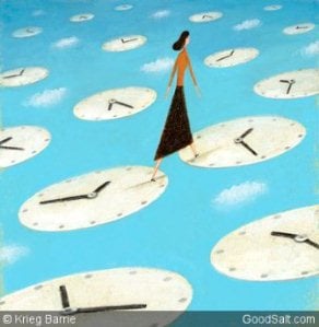 Woman Walking over Clocks