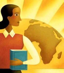 Woman Holding Bible in Front of Map of Africa