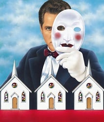 Man with mask and churches