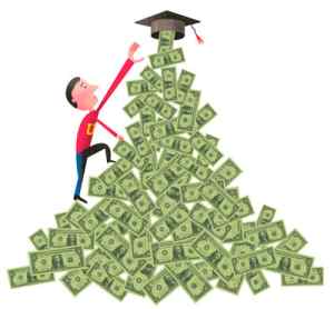 Man Climbing Pile of Money to Graduation Cap