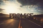 Large 3D text of the word \"promise\" on a landscape background with a man climbing on the letters.