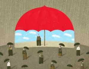 Man under a Large Red Umbrella