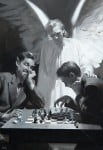 Devil playing young man in chess with guardian angel looking on. Black and white. Harry Anderson painting.