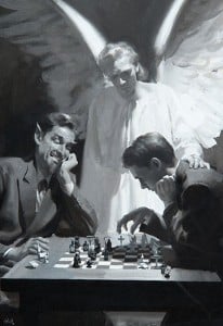 Devil playing young man in chess with guardian angel looking on. Black and white. Harry Anderson painting.