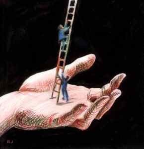 Two Men Climbing a Ladder on God's Hand
