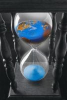 An hourglass pouring the world into the lower section.