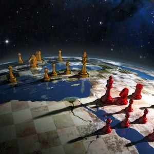 The world laid out as a chess game, with two kings leading their armies.