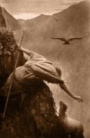 Sepia-tone image of the good shepherd reaching for a lost sheep