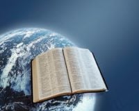 The Word and World: open Bible against a background of the world