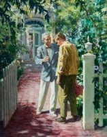 A modern rendition of the prodigal son returning to the open arms of his father. His mother waves in the background. Front yard of house with white picket fence and open gate. Harry Anderson painting.