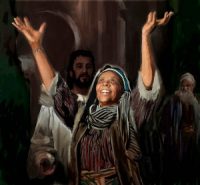 A woman holding up her arms in praise, after Jesus heals her.