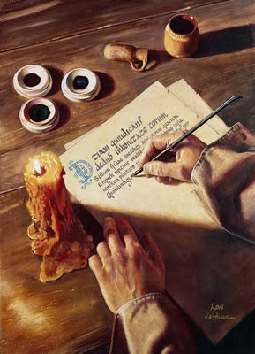 A monk writes on a parchment page in candlelight.