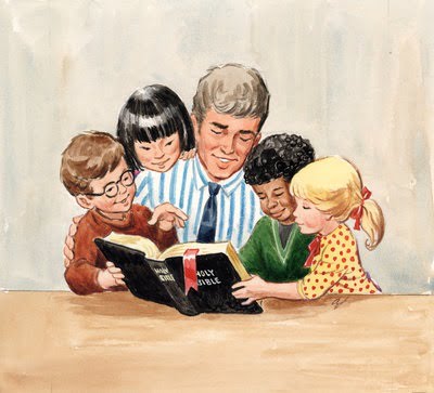 Teacher with Four Children Reading Bible
