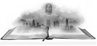Jesus' Arms Stretched Over Cityscape and Bible