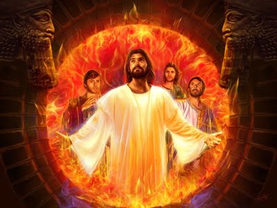 Shadrach, Meshach and Abed-Nego are joined by Jesus in the Babylonian fiery furnace.