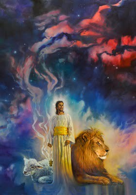 Jesus Standing with Lamb and Lion