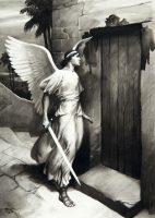 Angel Holding Bloody Sword in Front of a Door