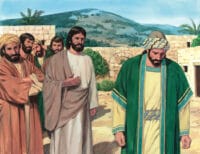 Jesus and disciples watching the rich young ruler walking away from Jesus.