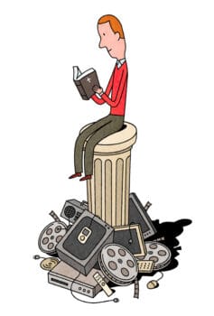 Man Reading a Bible while Sitting on a Pedestal Above Other Media