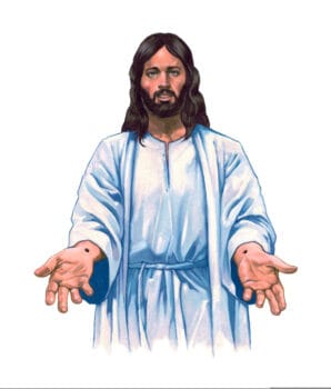 Jesus holding out his arms and showing the scars on his hands.