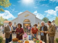 Church Building with People Out Front Preparing Food
