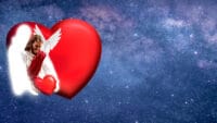illustration of God the Father, Jesus and the Holy Spirit as The Family of Love in a heart shape with the universe as a background.